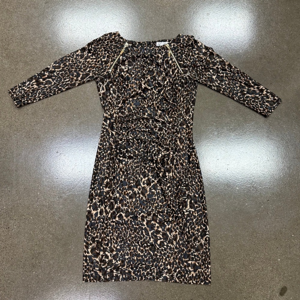 Joseph Ribkoff Leopard Print Ruched Sheath Dress Brown Black Gold Zip Sz 2